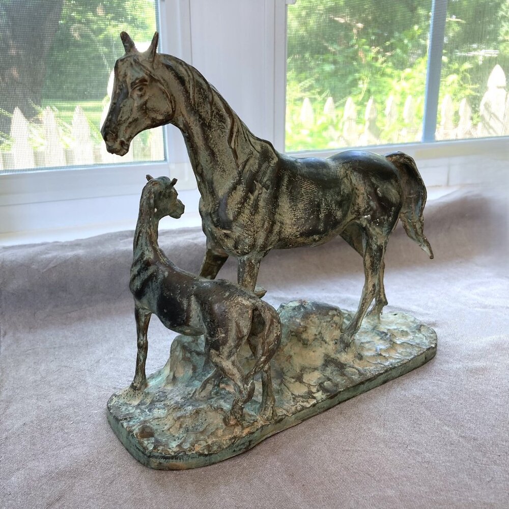 Maitland-Smith Bronze Horse Sculpture, Mare & Foal Statuette, Green Patina Brass